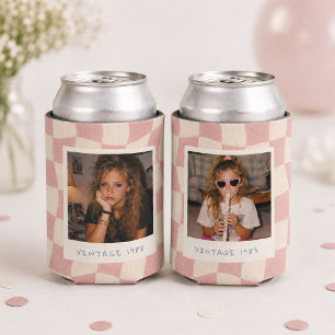 Custom Birthday 2 Throwback Photos Pink Chequered Can Cooler