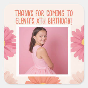 Custom Birthday Add Photo Name Age Thanks Floral Square Sticker