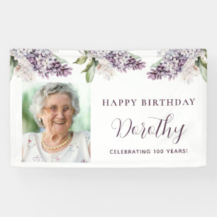 Custom Birthday Banner Photo 100th Purple Floral