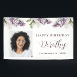 Custom Birthday Banner Photo 18th Purple Floral<br><div class="desc">Soft watercolor purple lilacs create a pretty springtime 18th custom birthday banner.  The guest of honour's photo is to the left. Happy Birthday,  their name and Celebrating 19 years is to the right. All of the text can be customised.</div>