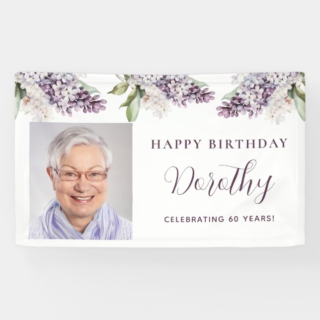 Custom Birthday Banner Photo 60th Purple Floral (Horizontal)