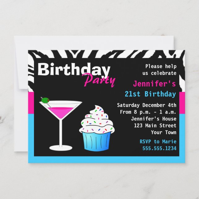Custom Birthday Cocktail Party Pink & Blue Zebra Invitation (Front)