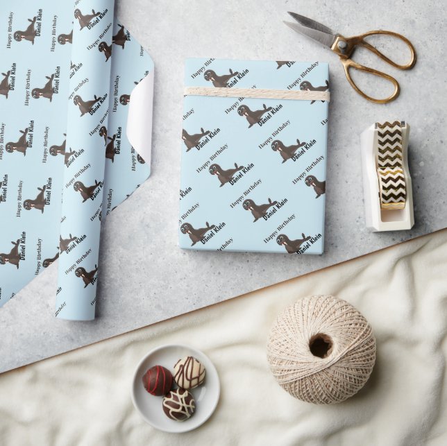 Custom birthday cute grey seal blue wrapping paper (Crafts)