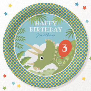 Custom Birthday Dinosaur Triceratops Any Age Blue Paper Plate