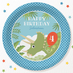 Custom Birthday Dinosaur Triceratops Any Age Blues Paper Plate