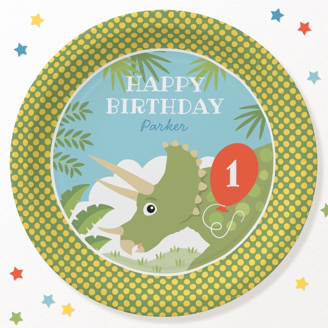 Custom Birthday Dinosaur Triceratops Any Age Green Paper Plate (Creator Uploaded)