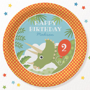 Custom Birthday Dinosaur Triceratops Any Age Red Paper Plate