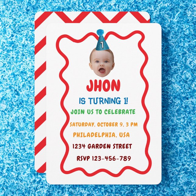 Custom Birthday Face Party Hat, Baby 1st Birthday Invitation (Creator Uploaded)
