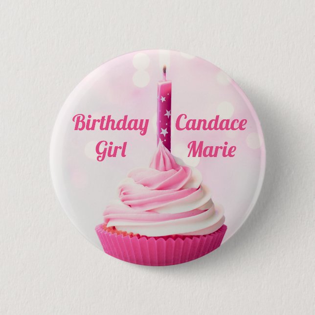 Custom Birthday Girl Pretty Pink Cupcake Photo 6 Cm Round Badge (Front)