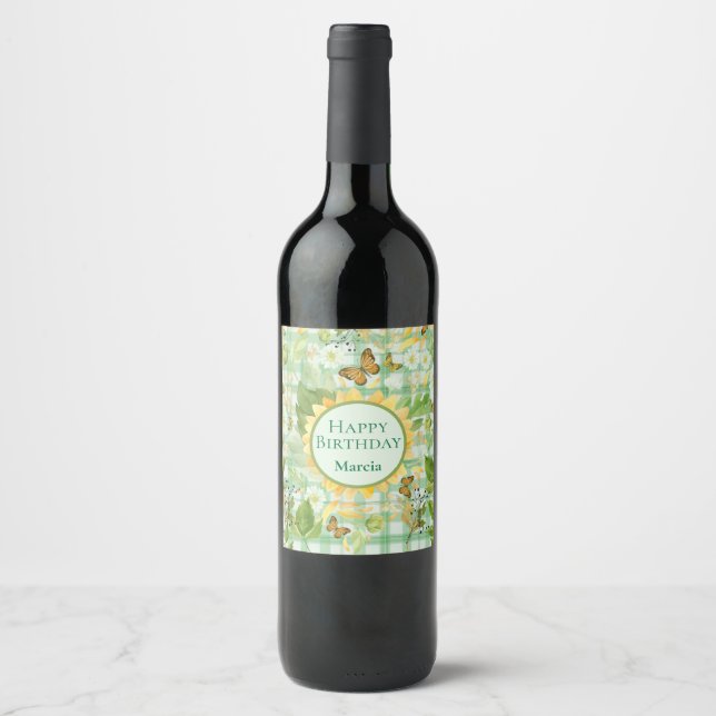 Custom Birthday Green Gingham Sunflower Butterfly  Wine Label (Front)