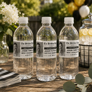 Custom Birthday Newspaper Labels, Birthday Photo Water Bottle Label