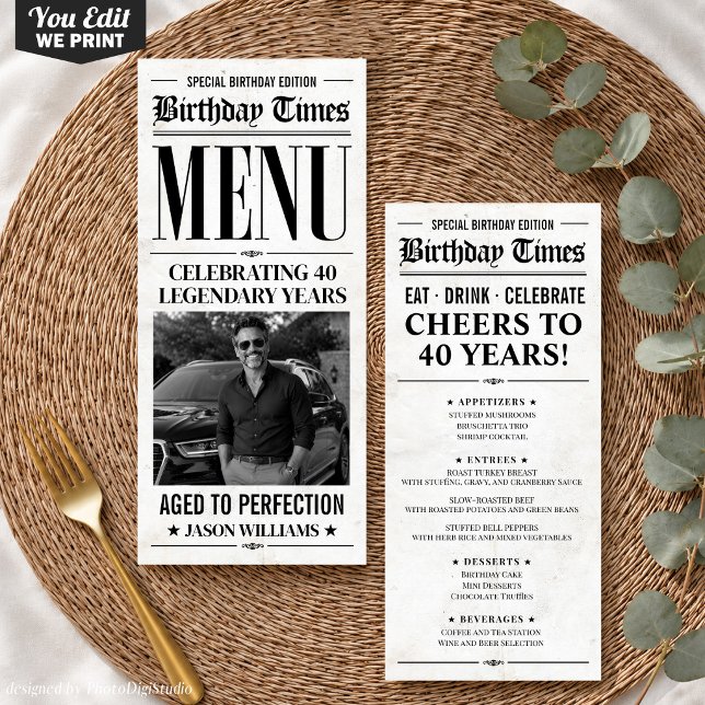 Custom Birthday Newspaper Menu, Birthday Dinner Menu (Custom Birthday Newspaper Menu, Birthday Dinner Menu)