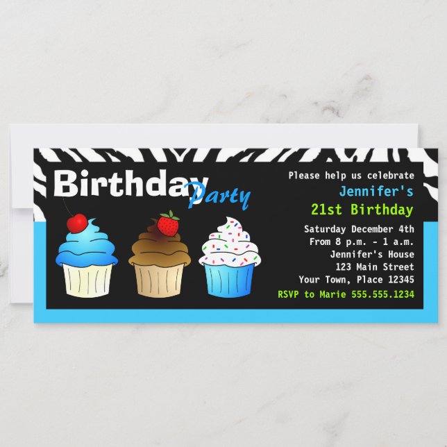 Custom Birthday Party Aqua Blue Zebra - Cupcakes Invitation (Front)