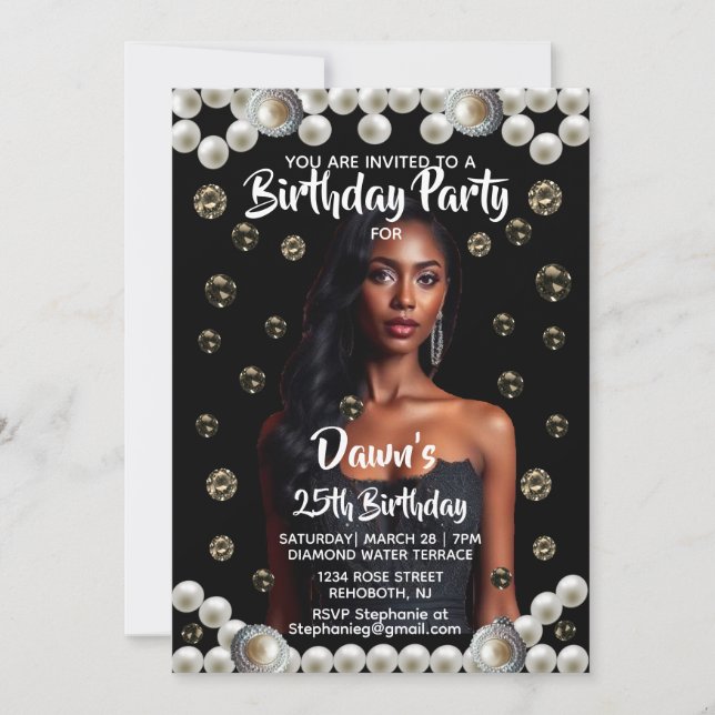 Custom Birthday Party Diamond, & Pearl Photo Black Invitation (Front)