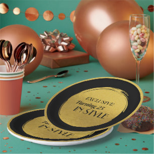 Custom Birthday Party Plates, Modern Black Gold Paper Plate