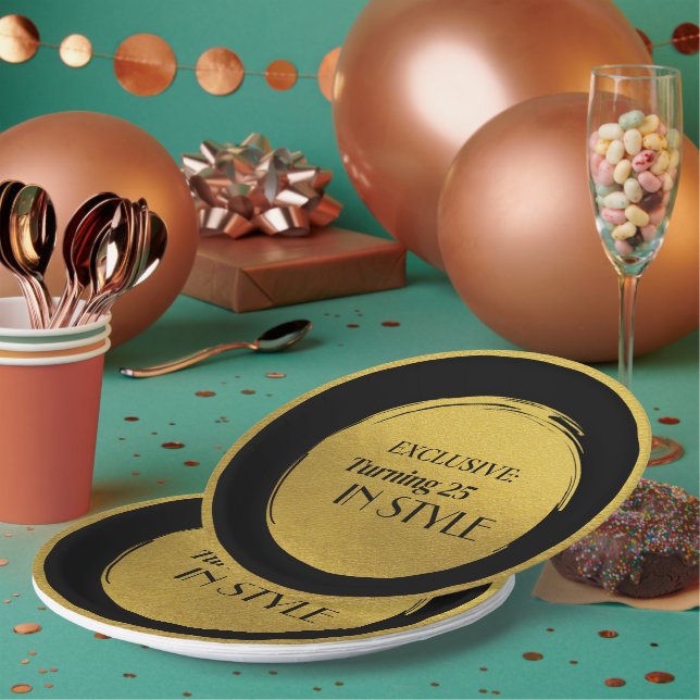Custom Birthday Party Plates, Modern Black Gold Paper Plate (Multi)