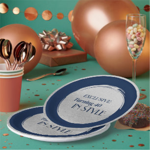 Custom Birthday Party Plates, Modern Blue Silver Paper Plate
