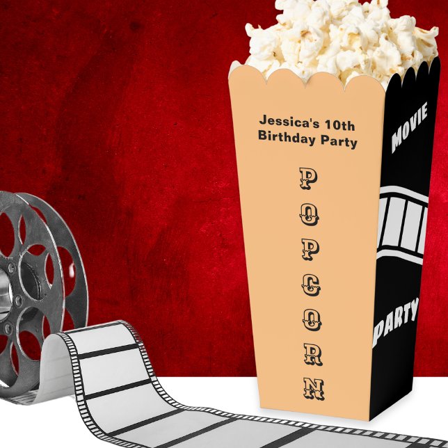 Custom Birthday Party Snack Movie Night Popcorn Favour Box (A custom box for popcorn, with 'Movie Party' and film frames on two sides, 'Popcorn' on the other)