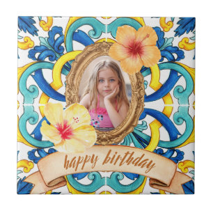 Custom Birthday Photo Blue Mediterranean Tile Cera