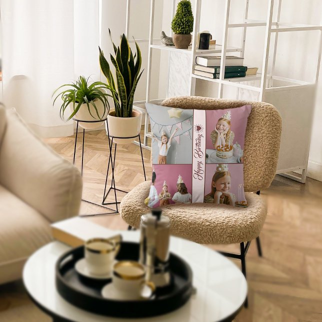 Custom Birthday Photo Collage Throw Pillow (Creator Uploaded)