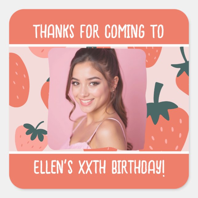 Custom Birthday Photo Name Any Age Strawberry Square Sticker (Front)