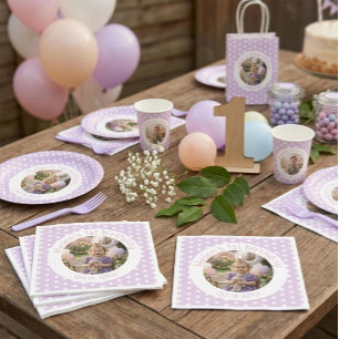 Custom Birthday Photo & Purple Polka Dot Napkin