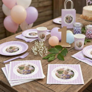 Custom Birthday Photo & Purple Polka Dot Napkin