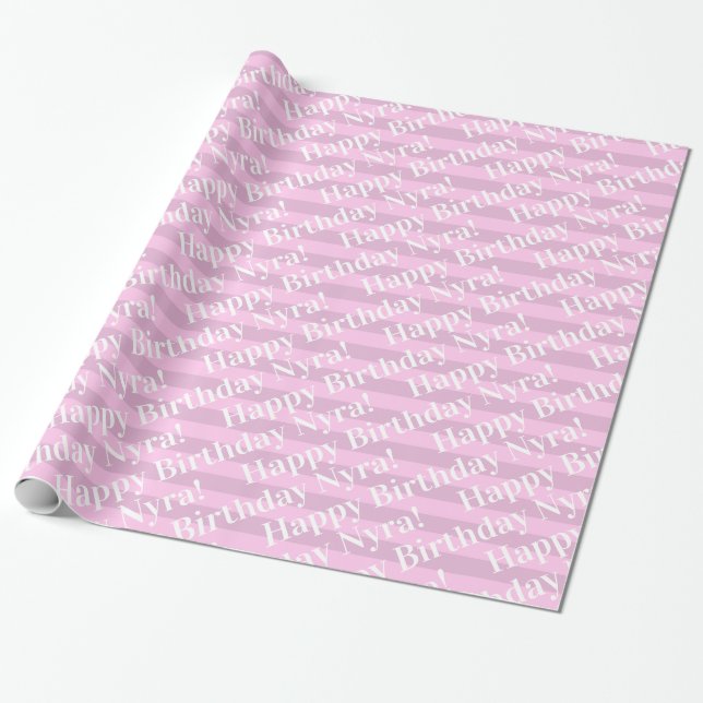 Custom Birthday Pink Stripe Personalised with Name Wrapping Paper (Unrolled)