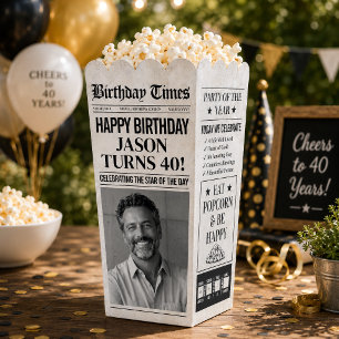 Custom Birthday Popcorn Box, Newspaper Popcorn Favour Box