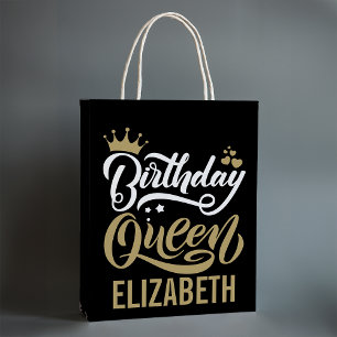Custom Birthday Queen Black and Gold Personalised Medium Gift Bag