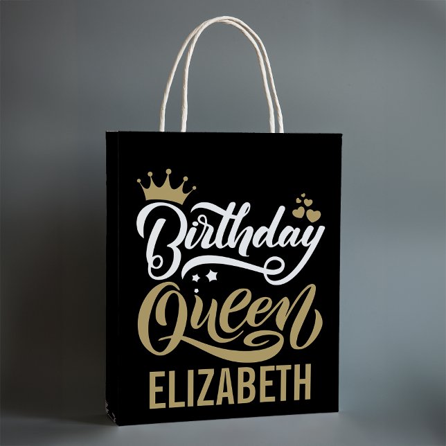 Custom Birthday Queen Black and Gold Personalised Medium Gift Bag (Creator Uploaded)