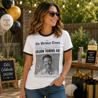 Custom Birthday Ringer T-Shirt, Vintage Newspaper
