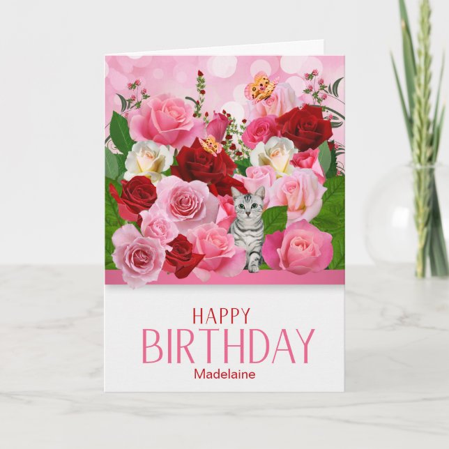 Custom Birthday Rose Garden with Tabby Cat Card (Front)