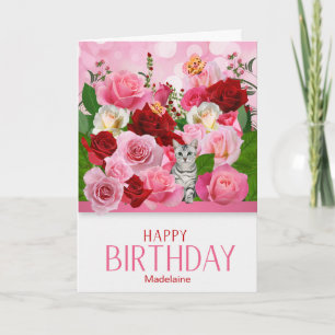 Custom Birthday Rose Garden with Tabby Cat Card