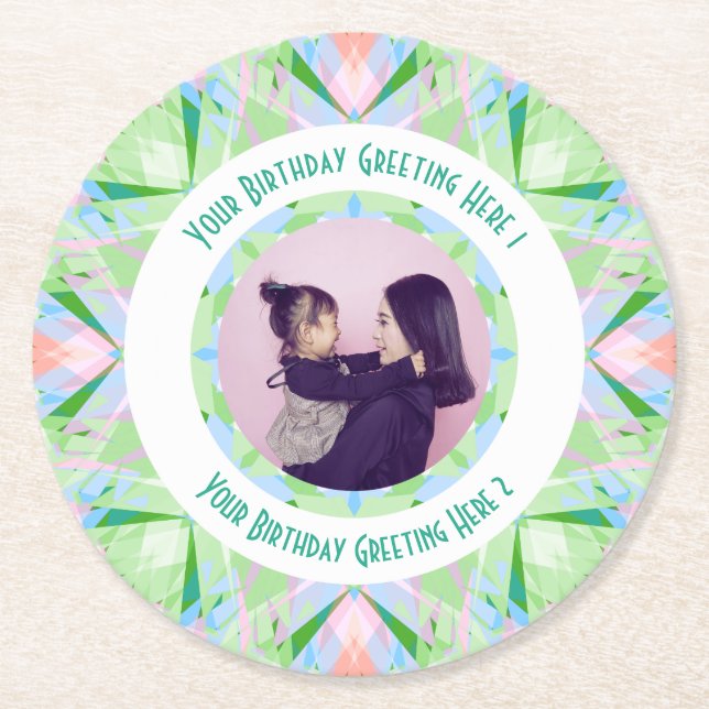 Custom Birthday Star Green Pink Photo Greeting Round Paper Coaster (Front)