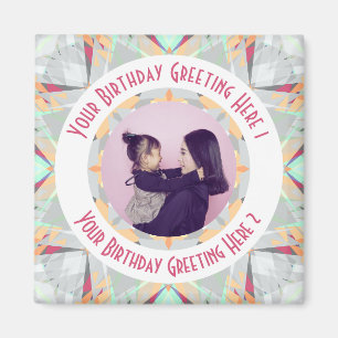 Custom Birthday Star Grey Red Pink Photo Greeting Magnet