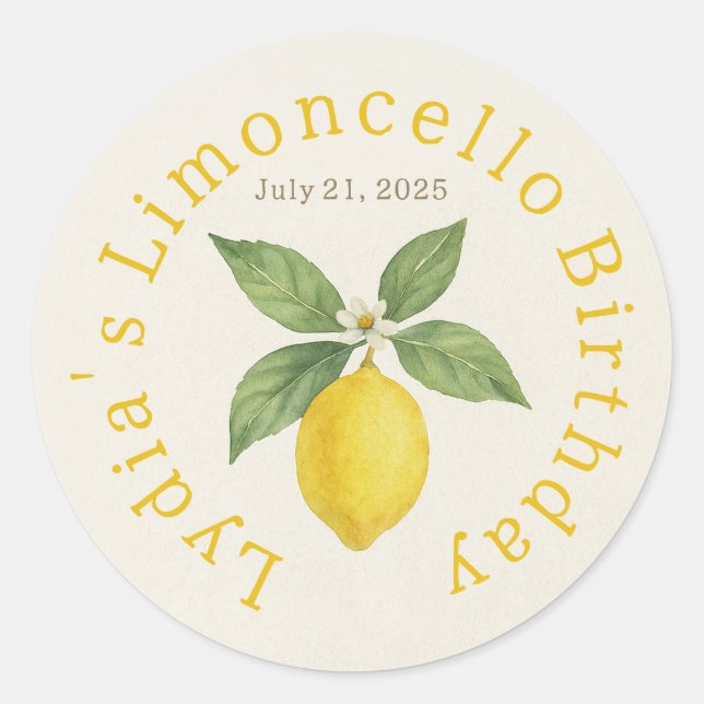 Custom Birthday Watercolor Lemon Classic  Round Sticker (Front)