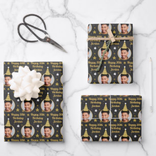 Custom Birthday Wrapping Paper Black & Gold Stars