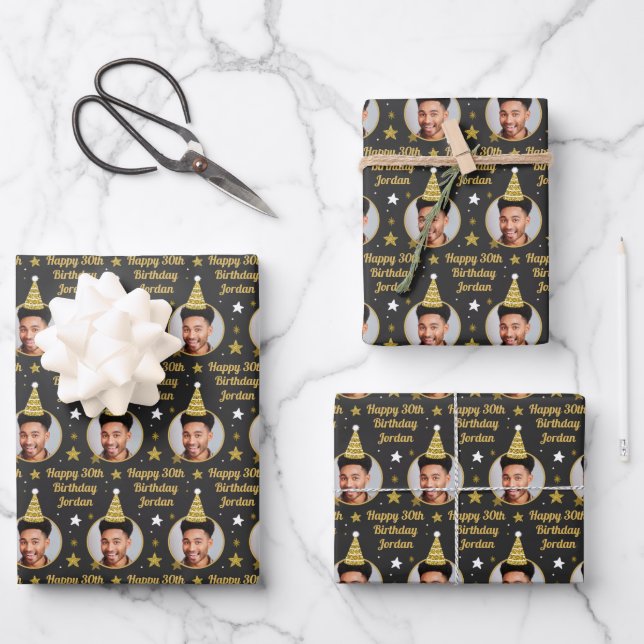Custom Birthday Wrapping Paper Black & Gold Stars (Front)