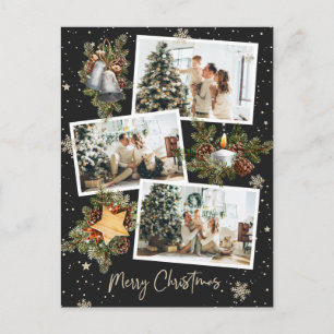 Custom Black 3 Photo Collage Merry Christmas Postcard