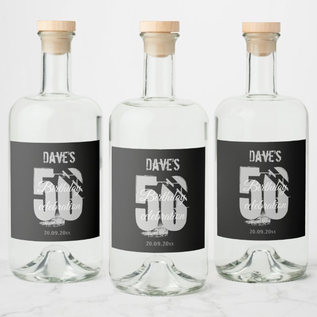 Custom Black 50th Any Age Birthday Party  Liquor Bottle Label (Bottles)