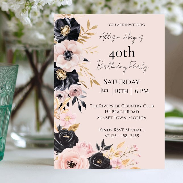 Custom Black and Blush Floral Birthday Invitation (Creator Uploaded)