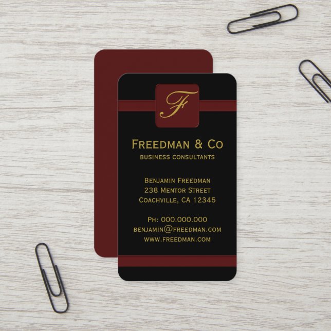 Custom Black and Dark Red Monogram Professional Business Card (Front/Back In Situ)