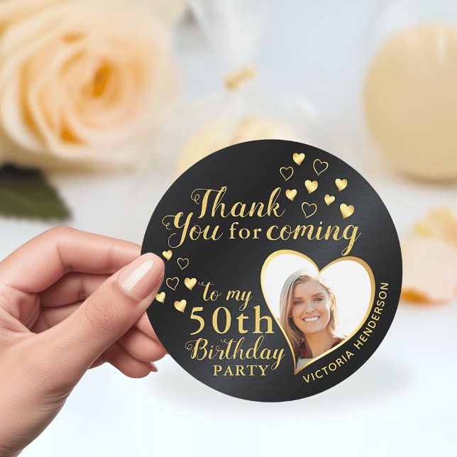 Custom Black and Gold 50th Birthday Thank You Classic Round Sticker (Black and Gold 50th Birthday Thank You Stickers with Custom Photo, Name and  Milestone)