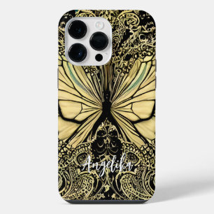 Custom Black and Gold Butterflies Name iPhone 14 Pro Max Case