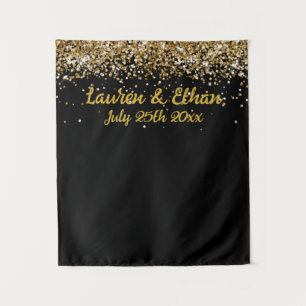 Custom Black and Gold Glitter Wedding Photo Booth Tapestry