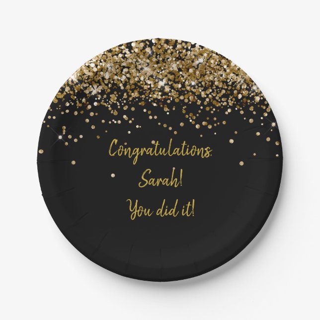 Custom Black and Gold Graduation Party Glitter Paper Plate (Front)