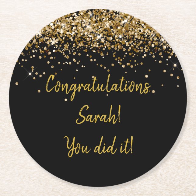 Custom Black and Gold Graduation Party Sparkle  Round Paper Coaster (Front)