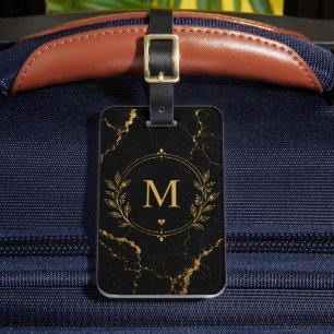 Custom Black and Gold Marble Flower Vacation Luggage Tag