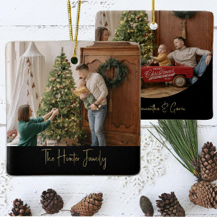 Custom Black and Gold Minimalist Arch Family Photo Ceramic Ornament